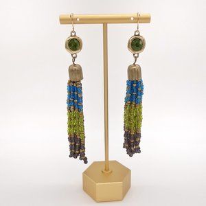 Gold & Green Rhinestone Boho Bead Tassel Earrings